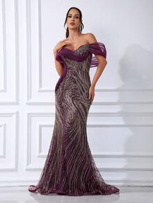 Elegant Purple Mermaid Sequined Strapless Beaded Long Fitted Evening Gown, Suitable For Parties - Purple - View 3