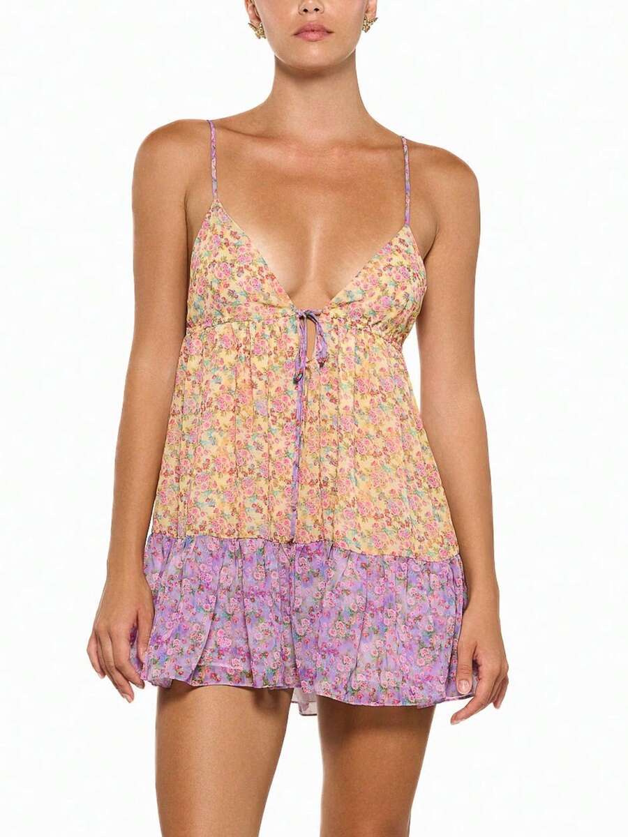 Women's Floral/Dot Print Sleeveless Halter Deep V Tie Mini Dress Ruched Backless Slim Fit Cami Dresses Knot Boho Dress - 黃色 - 查看 1