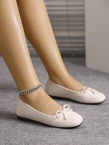 European & American Fashion Ballet Flats For Women, Woven Bow Round Toe Soft Leather Soft Sole Comfortable Slip-On Shoes