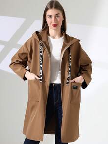 Abrigo casual de mujer de unicolor con bolsillo, botón y cordón - Óxido marrón - Ver 2