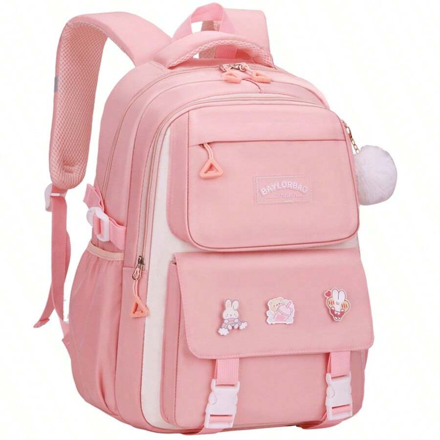 1pc Girls' Pink School Backpack - Cute Bookbag For Middle & Elementary Students, Spacious Daypack With Padded Straps - Pink - View 1