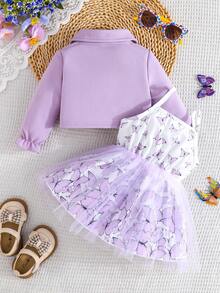 Baby Girls' Elegant Ruffle Trim Long Sleeve Butterfly Embroidered Jacket Paired With Minimalist Butterfly Print Mesh Dress 2pcs Set - Purple - View 2