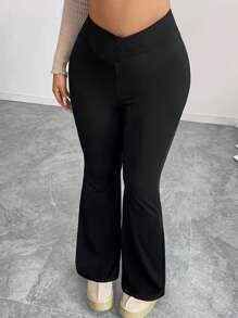 大码女士休闲纯色交叉腰舒适裤，适合秋季 - 黑色 - 查看 5