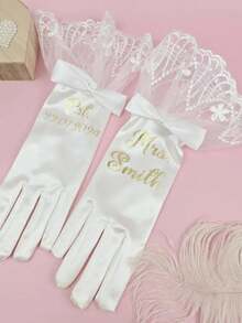 1 pieza Guantes personalizados bordados Guantes de novia personalizados con puños de encaje - Personalizado con nombre "Sra." y fecha de boda Guantes de satén - Regalo elegante para la novia, accesorio de boda - Multicolor - Ver 5