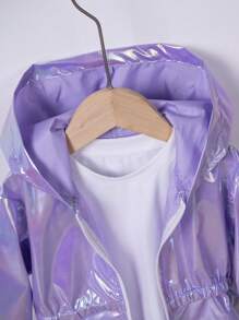 1 pieza Chaqueta casual con capucha iridiscente para niña, primavera/otoño, chaqueta bomber de longitud media unisex de moda, prenda exterior versátil