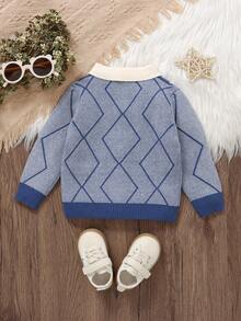 1pc Toddler Boys' Fashionable Lapel Diamond Grid Faux Pocket Long Sleeve Cardigan Sweater, Suitable For Everyday And Vacation, Spring/Autumn/Winter - Blue - View 2