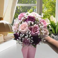 Artificial Rose Wedding Bouquet, Wedding Flower Bouquet, Artificial Silk Fabric Bouquet, Bridal Bouquet, Valentine's Day Gift, Home Tabletop Artificial Flower Bouquet Ornament - 紫色 - 查看 3