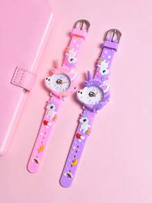 Set de 2 relojes de cuarzo analógicos con correa de silicona suave y diseño de unicornio de dibujos animados para niñas, reloj de pulsera con patrón creativo para estudiantes - Multicolor - Ver 6