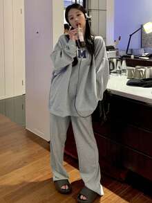 Women's Casual Letter Print Long Sleeve Sweatshirt, Spring/Autumn - Grey - View 4