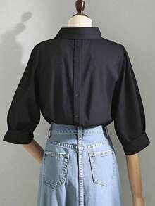 Top-End Leisure, Elegant And Commuting Style V-Neck Shirt With A Simple Back Button Design, Suitable For Spring And Summer. - Black - View 2