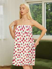 1pc Coral Fleece Strawberry Pattern Tube Top Bathrobe For Women, Soft Absorbent Bath Towel Robe With Hook And Loop Scarf, Towel Robe, Dry Robe, Non-Shedding Sleepwear Bathrobe For Adults & Students, Home Use