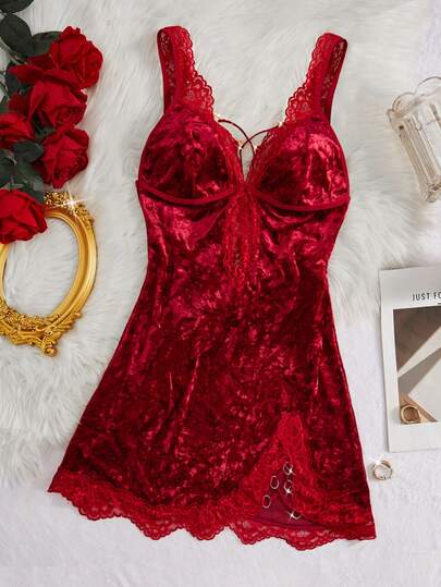 Solid Color Lace Splicing Velvet Sexy Nightgown, Deep V Backless Slit Night Dresses,Ladies' Fall & Winter Comfortable Sleep Dress Sexy Lingerie Valentine's Day Gift