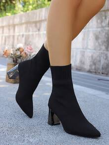 Women's Fashionable, Comfortable, Elegant Elastic Slim Chunky Heel Ankle Boots, Suitable For Spring, Autumn And Winter - Black - View 4