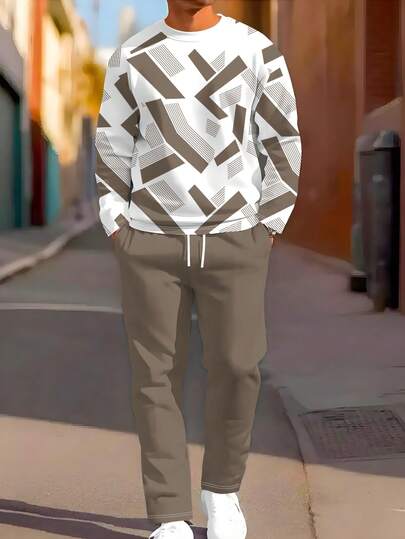 2pcs Men Sportswear Set, Striped & Printed Casual Round Neck Sweatshirt And Pants Suit, Suitable For Outdoor And Sports