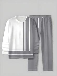 男士渐变印花圆领运动套装，狮子印花休闲卫衣和裤子套装，适合户外运动 - 灰色 - 查看 3