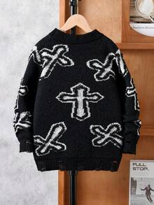 男童街头风十字图案针织套头毛衣，长袖，适合春、秋、冬季休闲穿着。 - 黑色 - 查看 3