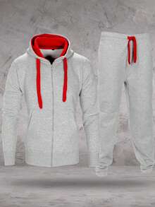 LoveMyFashions Men's 2pcs Set Tracksuit Full Sleeve Solid Color Drawstring Waist Zip Up Hoodie & Sweatpants Two Pieces Set With Pockets - Grey/Red - View 4