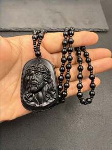 1 件黑曜石耶稣头吊坠项链，仿玉串珠链，适合男士 - 串珠項鍊 - 查看 12