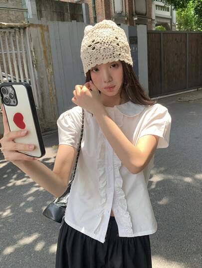 女士短袖纯色荷叶边领衬衫 白色 夏季