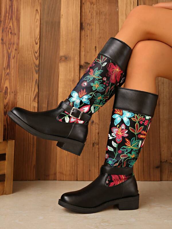 New Women's Embroidered Leather Black Western Boots, Pointed Toe Chunky Heel Buckle Shaft Zipper Closure Knee-High Boots, Outdoor Casual Fashion Dress Boots