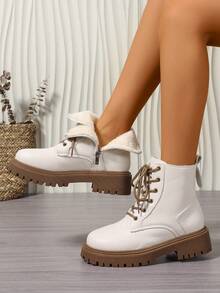 2025新款秋冬'女鞋'厚底大码学生鞋'时尚百搭休闲'女鞋'侧拉链'学生鞋'青少年中学生鞋'学生靴'休闲踝靴 - 白色 - 查看 5