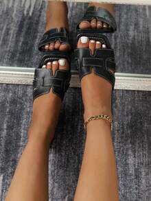 Women's Square Toe Flat Black Leather Sandals, Plus Size, Summer