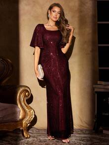 UNITHORSE UNITHORSE Square Neck Ruffle Sleeve Pleated Waist Long Sequin Evening Dress, Elegant Formal Dress, For Wedding Guest, Graduation Dress, Dinner Party Dress, Birthday Women Outfits