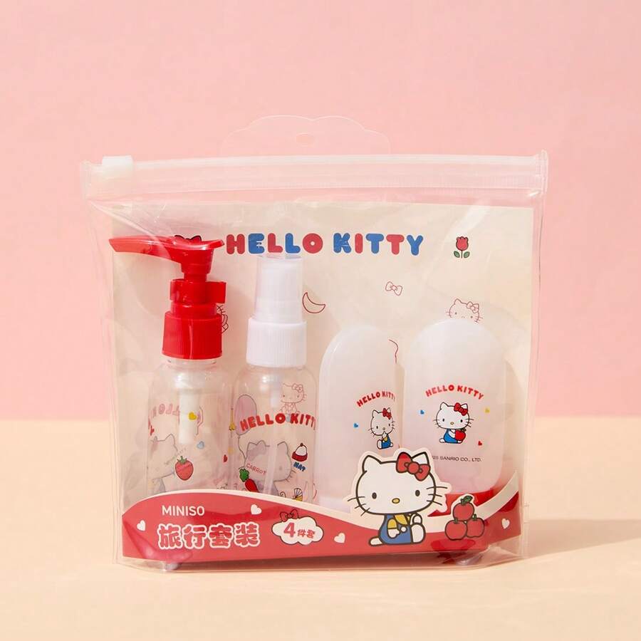 MINISO名创优品Hello Kitty便携旅行套装，瓶身印有经典Hello Kitty图案。套装组合实用贴心，可用于分配洗发水、沐浴露、乳液等，适合飞机、高铁等出行场景。精致女生旅途必备，保持精致。(4件套) - 紅白色 - 查看 1