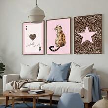Set Of 3 Unframed Pink Leopard Playing Card Cheetah Star Preppy Art Poster Canvas Print Minimalist Y2K Luxury Girly Room Dopamine Decor Funky Painting For Dorm,Living Room,Bedroom,Modern Home Decoration
