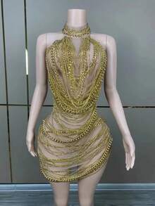 Fashion See Through Nude Mesh Women Dress Shiny Golden Chain Dress Party Bar Wear Singing Stage Performance Costume - 裙子 - 查看 2