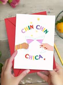 1pc Birthday Card With Envelope - Funny Cocktail Design Chin Chin Chica Greeting Card For Him Her, Blank Inside