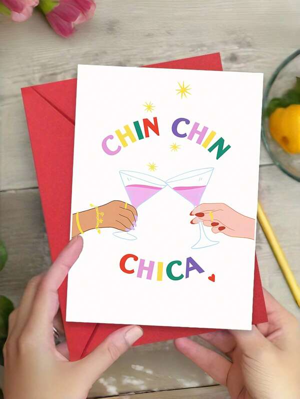 1pc Birthday Card With Envelope - Funny Cocktail Design Chin Chin Chica Greeting Card For Him Her, Blank Inside