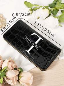 1 pieza Billetera larga personalizada con nombre y letras A-Z, Portacartas con diseño de firma personalizada, Billetera larga personalizada con nombre y letras A-Z, Portacartas personalizado con firma, Nueva billetera retro larga de mujer, Puede contener teléfono, bolsa de almacenamiento multifuncional, bolsa larga para tarjetas de mujer - Negro - Ver 4