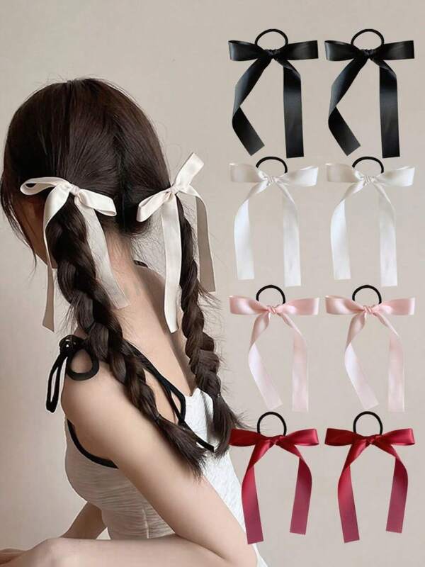 8 pièces Chouchous multicolores à nœud mode pour femmes, élastiques à ruban de ballerine, élastiques à cheveux minimalistes, accessoires de cheveux doux, tresses de fée à ruban, convenant à un usage quotidien, rose mignon