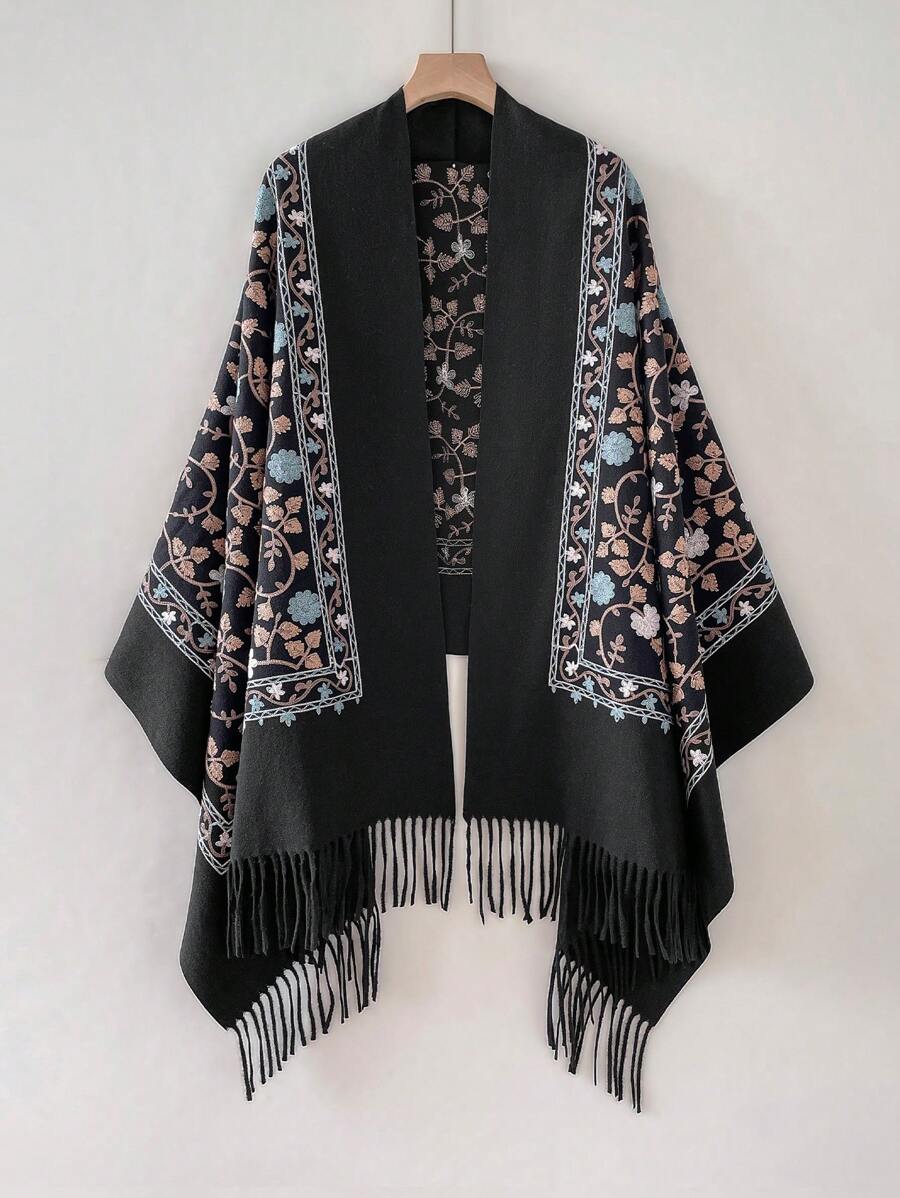 1 件女士秋冬仿羊绒刺绣围巾，厚实温暖流苏刺绣波西米亚风格旅行披肩斗篷围巾 - 黑色 - 查看 1