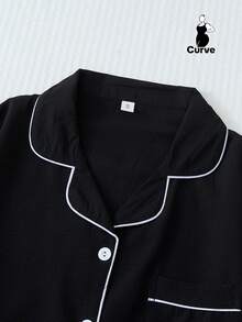 2pcs Women Plus Size Summer Solid Color Contrast Trim Collar Pocket Heart Embroidery Button Up Top And Bow Shorts Pajama Set, Suitable For Home Use