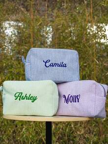 Embroidered Seersucker Cosmetic Bag, (Large + Small) Personalized Seersucker Cosmetic Bag, Custom Embroidered Toiletry Bag, Cosmetic Bag, Bridesmaid Gift, Bridal Party Gift, Cosmetic Storage Bag - Multicolor - View 4