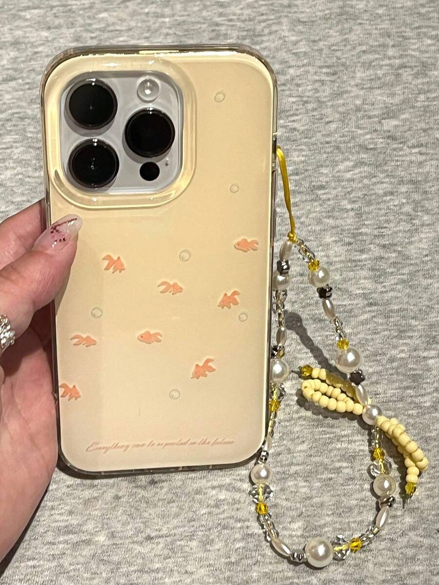 可爱锦鲤黄果冻手机壳适用于 16 Pro Max 15 14 13 12 Pro 11 Plus 蝴蝶结珍珠手链链条亮面后盖防水防震防摔防刮 - 黃色 - 查看 1