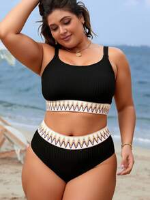 Swim Lushoire 夏季沙滩加大胶带比基尼套装上衣和高腰下装两件套泳衣 - 黑色 - 查看 4