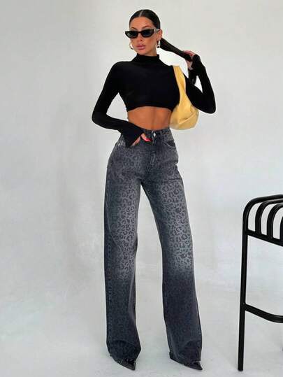 Leopardmönstrade bruna jeansbyxor med hög midja med raka ben