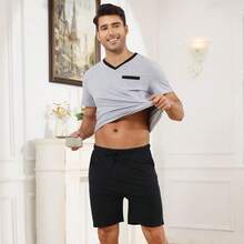 ¡RecomendadoPijama para Hombre Conjunto de Pijama de Algodon Pijama Manga Corta y Pantalones Cortos, Cuello en V Ropa de Dormir Hombre, Pijamas de Dos Piezas, Casual y Cómoda¡Top de Temporada - Negro - Ver 2