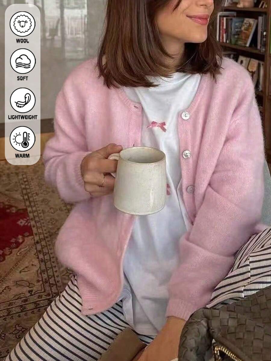 春秋新款百搭单排扣短款粉色开衫 - 女士休闲纯色圆领长袖单排扣短款开衫 百搭必备，轻松打造造型，适合日常休闲穿着，非常适合约会和通勤 - 粉色 - 查看 1