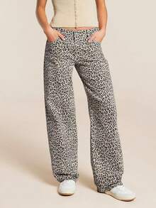 时尚女士豹纹直筒牛仔裤——适合各种场合的时尚长裤 - 米色 - 查看 3