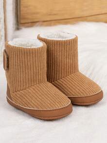 1 双纯色条纹面料时尚婴儿靴，轻便柔软多功能幼儿鞋，方便的钩环闭合，适合 0-2 岁男孩和女孩室内/室外、假日、爬行、日常穿着、度假、秋冬