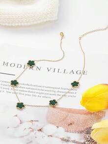 14K Gold Plated Four Leaf Clover Pendant Necklace Women Lucky Flower Jewelry - Green Stripe-14K Gold Plated - View 8