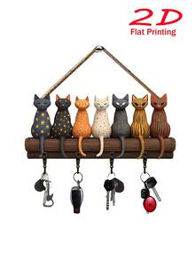2D Flat, 1pc Imaginative Cat Shaped Keychain, Minimalist Colorful Wooden Key Holder Rack With 4 Metal Hooks, Entryway & Room Organizer, Perfect Housewarming Gift, Wall Decor, Entryway Decor, Room Decor, Villa Decor, Seasonal Home Decor - Multicolor - View 5