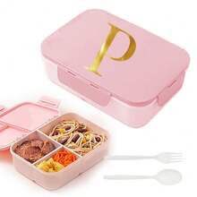 Caja de almuerzo de plástico con 3 compartimentos y patrón de 26 letras, de gran capacidad, apta para microondas, contenedor de almacenamiento de alimentos, caja bento portátil con cuchara y tenedor, adecuada para picnic, oficina, aperitivos - Rosa - Ver 20