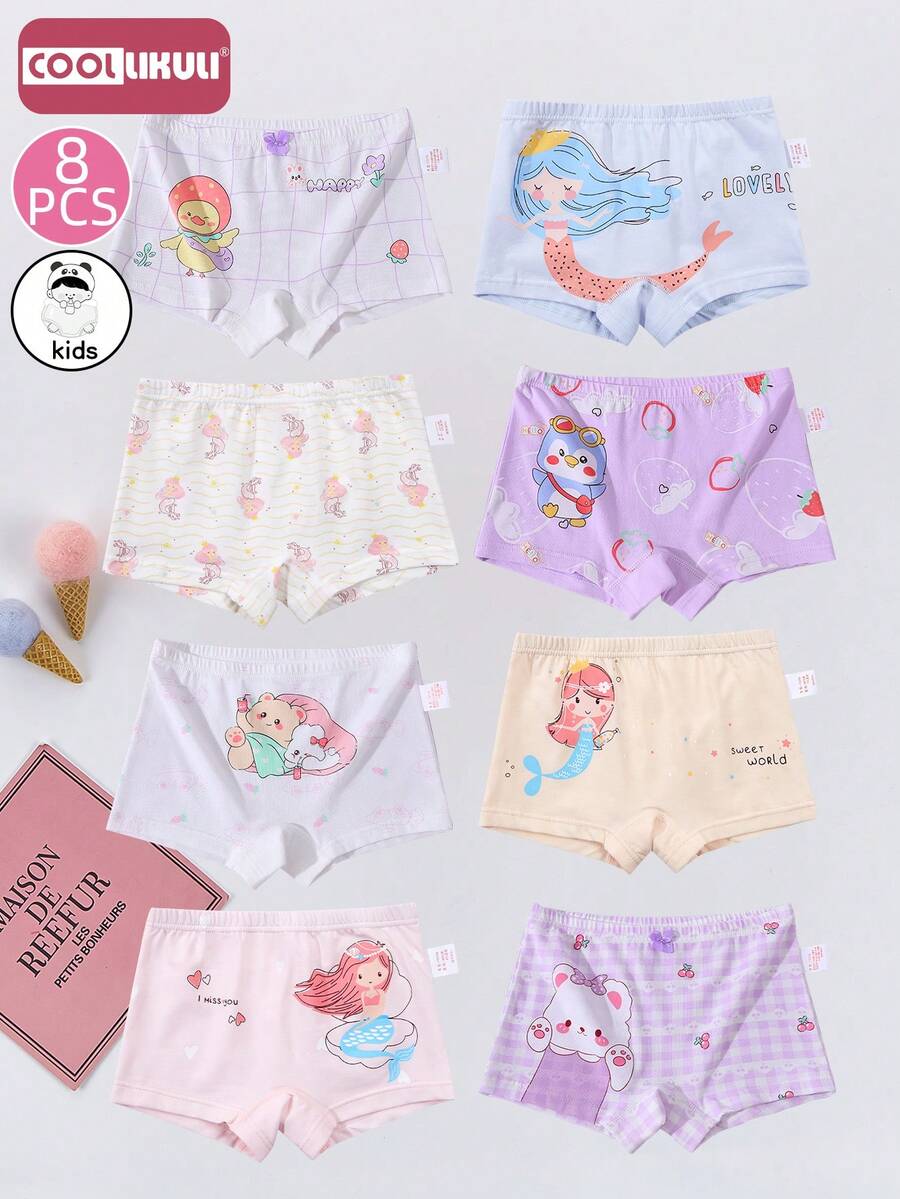 Coollikuli 8 Pairs Of Pure Cotton Briefs For Young And Colorful Girls (Little Young Girl) For All Four Seasons, Comfortable And Soft For Medium And Large Baby Girls, Cartoon Mermaids, Letters, Hearts, Strawberries, Bears, Ducks, Chicks - Multicolor - View 1