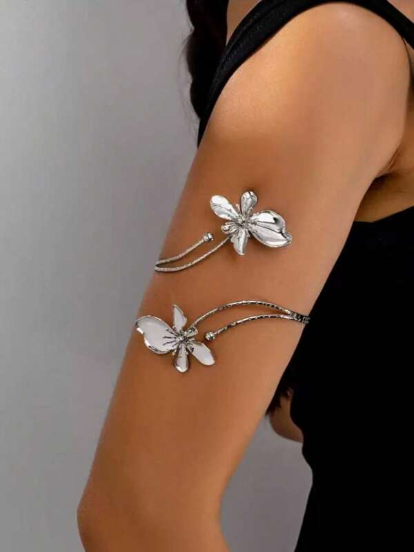 1pc Alloy Double-Headed Silver Flower Bangle, Minimalist Elegant Fashion Suitable For Mother's Day, Party, Banquet And Daily Wear