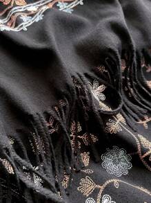 1 件女士秋冬仿羊绒刺绣围巾，厚实温暖流苏刺绣波西米亚风格旅行披肩斗篷围巾 - 黑色 - 查看 2